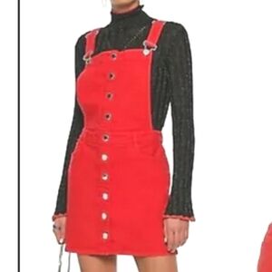 Maje Rira Red Denim Overall Style Button Down Mini Dress size XS.